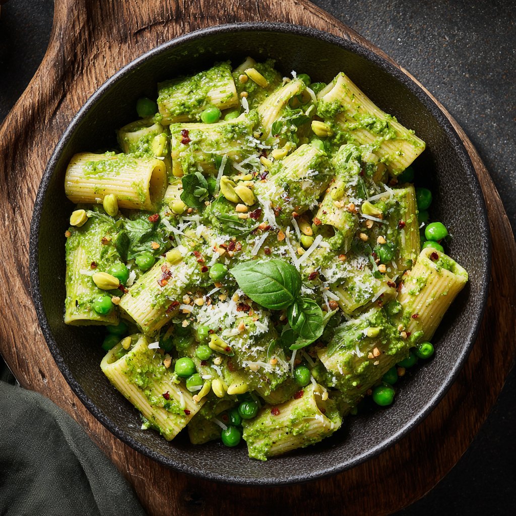 Vegan Pesto and Pea Rigatoni