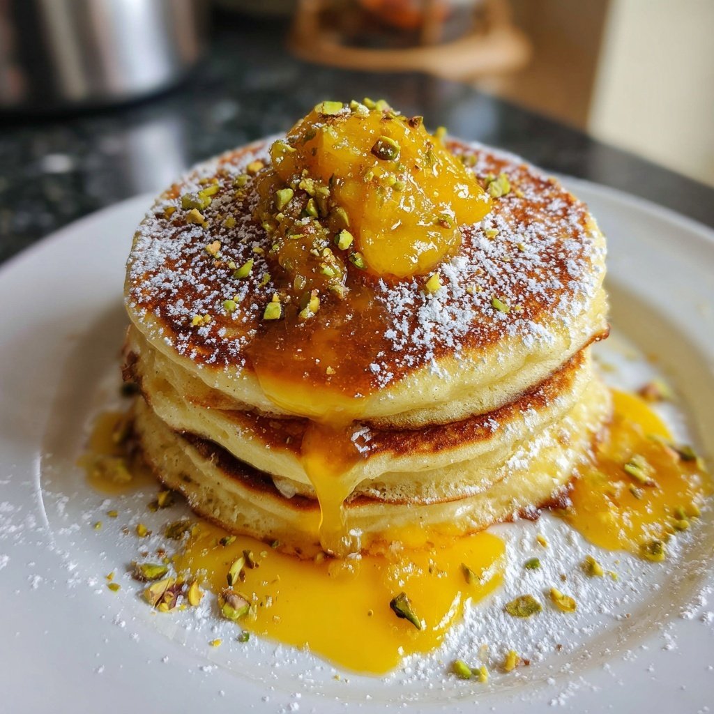 Ricotta Pancakes with Lemon Curd and Pistachios​